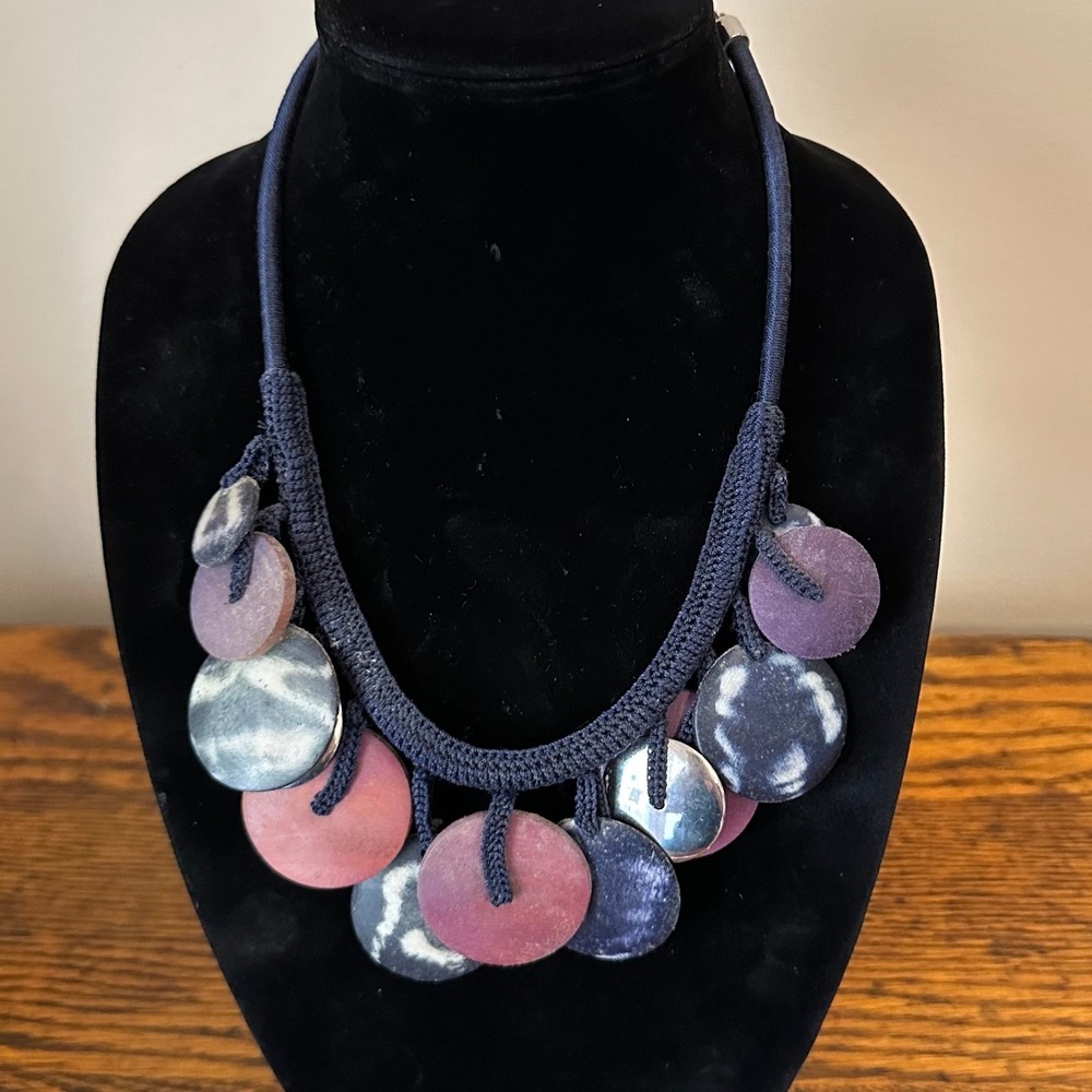 Chicos Statement Necklace‎ Navy Cord Multi Color Disc Shell Bib 22 Inch